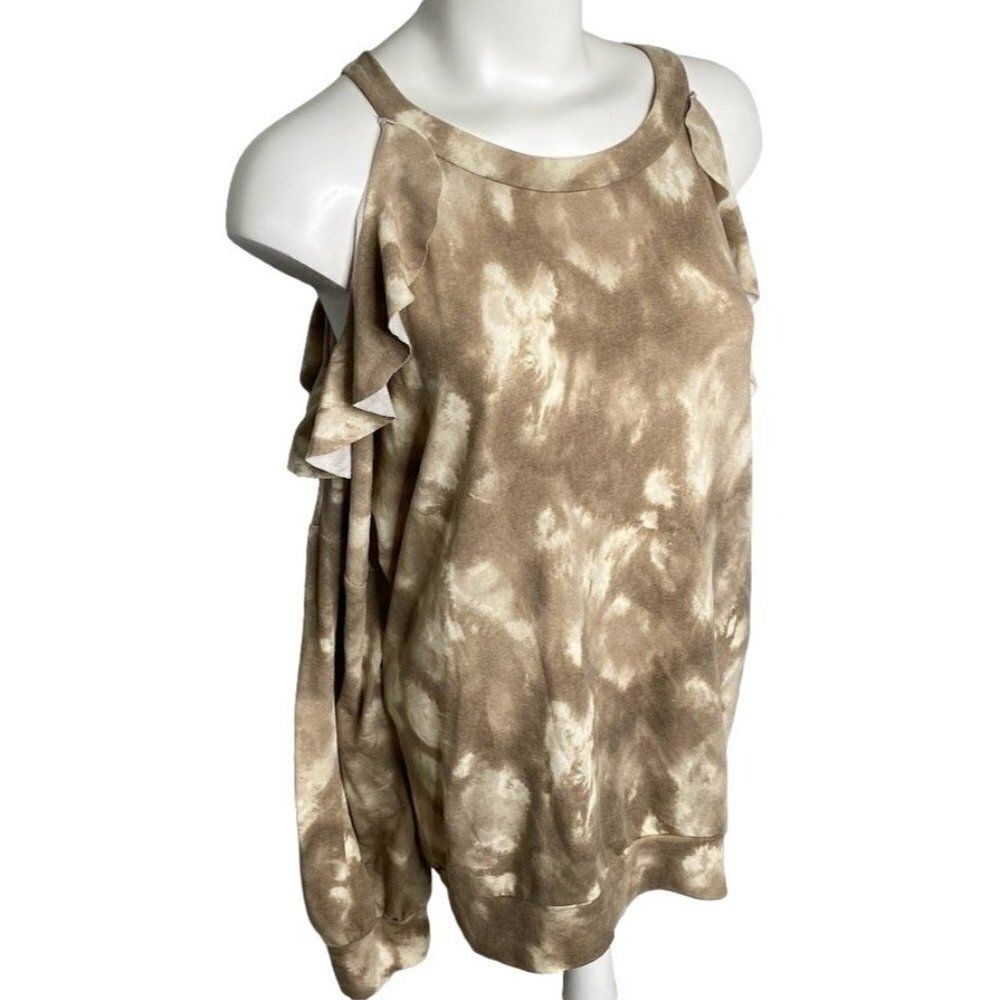 White Birch Beige Taupe Cream Tye Dye Ruffle Cold‎ Shoulder Top Sz 1X